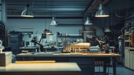 Naklejka premium Industrial workshop with tools and machinery under neon light