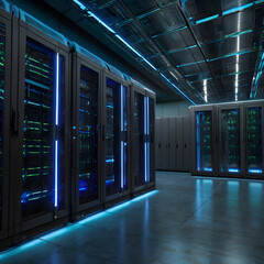 Futuristic Data Center with Glowing Server Racks