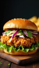 Crunchy fried chicken breast on a toasted brioche bun with pickled slaw and cilantro, chicken, crispy
