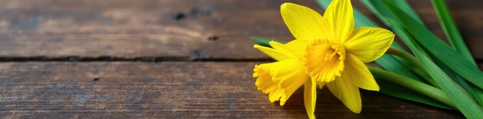 Fototapeta premium Daffodil stem and leaves with yellow blooms on a wood surface, stem, wood, surface