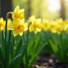Daffodil plants in a spring garden with a subtle misty atmosphere and soft focus, daffodils, garden, nature