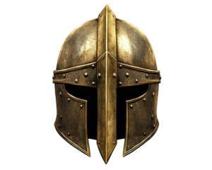 Medieval knight helmet with weathered gold finish, showcasing intricate details and classic design. Perfect for historical themes or fantasy settings