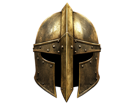 Medieval knight helmet with weathered gold finish, showcasing intricate details and classic design. Perfect for historical themes or fantasy settings