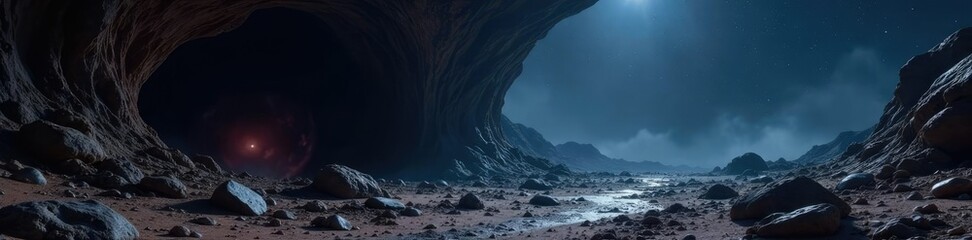 Fototapeta premium Dark and foreboding cave on a barren planet with a dark horizon, space debris, damp