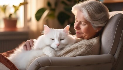 An elderly woman gently embraces her fluffy white cat in a cozy, serene home.