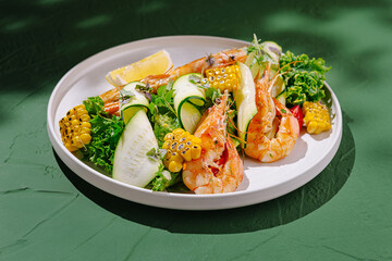Shrimp platter decorated with fresh vegetables, lemon, and greens on a simple white plate