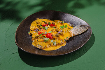 Delicious seafood dish featuring whole fish and vibrant sauce served on a stylish plate outdoors