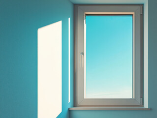 Minimalistic modern window showcasing a clear sky in a serene indoor setting