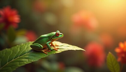 Naklejka premium Vibrant green tree frog perched on a leaf, bathed in warm sunlight; red flowers blur in the background. A captivating moment of nature.