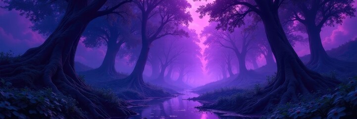 Obraz premium Dark, twisted, bioluminescent forests amidst swirling purple clouds, mystical, forest, swampy