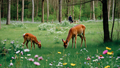 Naklejka premium Two deer peacefully graze on a green spring meadow filled with blooming wildflowers and surrounded by trees.