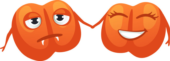 Two funny cartoon bell peppers holding hands, one sad with a frowning mouth and the other happy with closed eyes and a cheerful smile, representing opposite emotions