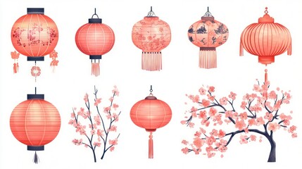 Asian paper lanterns, blossom branches, festival celebration, white background, design element