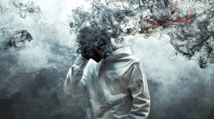 Fototapeta premium Man surrounded by smoke and dramatic shadows