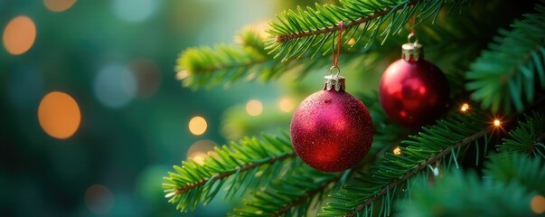 Obraz premium Delicate glass ornaments refract light on lush green branches, glittering, tree