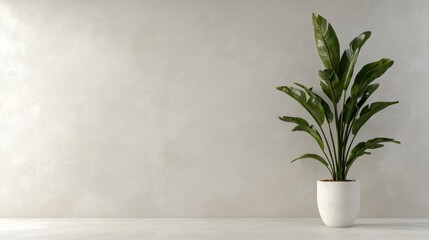 Minimalist plant in pot against textured wall; interior design mockup