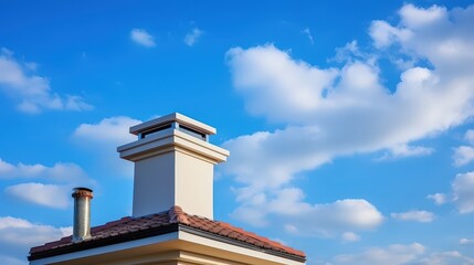 Charming Chimney on a Scenic Roof Under Bright Blue Sky with Fluffy Clouds and Sunlit Warmth Perfect for Home or Architecture Themes