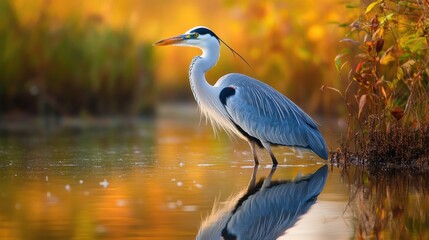 Naklejka premium Graceful heron fishing in autumn waters nature scene tranquil environment serene viewpoint