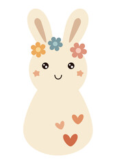 Retro Groovy Easter bunny clipart. Happy Easter day. Cute bunny in cartoon flat style. Hand draw vector illustration
