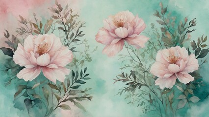 Fototapeta premium Beautiful watercolor pink peonies surrounded by soft green foliage on a pastel abstract background