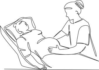 One continuous single drawing line art flat doodle hospital, pregnant, belly, doctor, examination, obstetrician, couch. Isolated image hand draw contour on a white background, hand drawn, not AI