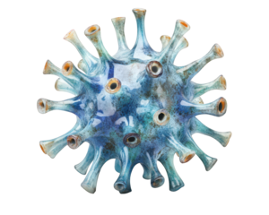 colorful virus model with protruding spikes, showcasing intricate details and textures, set against transparency background. This representation highlights structure and complexity of viral forms