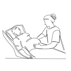 One continuous single drawing line art flat doodle hospital, pregnant, belly, doctor, examination, obstetrician, couch. Isolated image hand draw contour on a white background, hand drawn, not AI