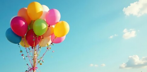 Obraz premium A bunch of balloons tied to a festive pole with streamers and garlands, garlands, holiday, colorful