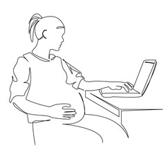 One continuous single drawing line art flat doodle pregnant, computer, technology, business, businesswoman, expecting a baby. Isolated image hand draw contour on a white background, hand drawn, not AI