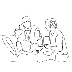 One continuous single drawing line art flat doodle pregnant woman, husband, doctor, examination, doctor's appointment. Isolated image hand draw contour on a white background, hand drawn, not AI