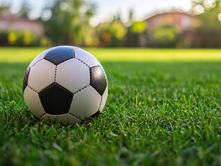 Fototapeta premium Small soccer ball resting on green grass field during sunny outdoor playtime for children