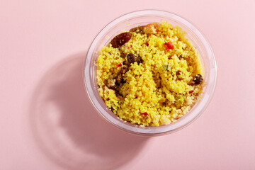 Premade salad with bulgur. Quick food to eat on the go or for lunch break, ready gluten free and vegan meals