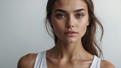 Naklejka premium Young woman poses against a simple backdrop, displaying natural beauty and confidence during a portrait session
