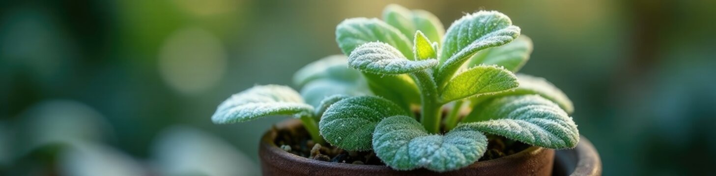Creamy frost on homalomena leaves and stems in pot, creamy, frost, closeup