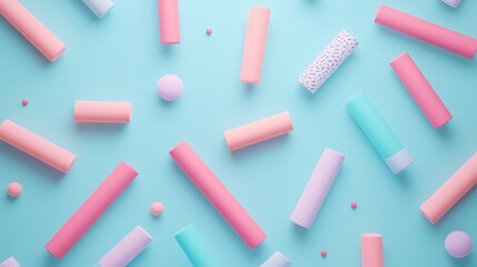 Abstract arrangement of colorful cylindrical shapes on a soft blue background for creative design inspiration