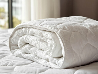 Neatly folded soft quilted blanket resting on a fresh bed