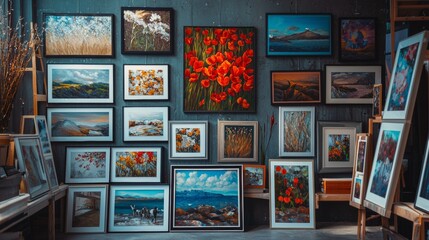 Art gallery with vibrant paintings on display