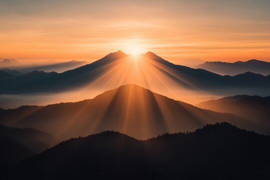 Golden sunrise over mountain peaks with radiant sunbeams and layered misty valleys - Powered by Adobe