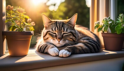 A happy tabby cat relaxes in warm sunlight on a windowsill with blooming plants.