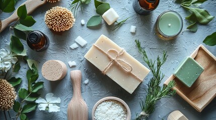 Natural soap bars and herbs on a wooden surface