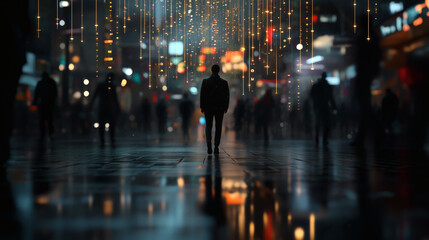 Obraz premium Solitary figure walking through a vibrant, rain-slicked city at night.
