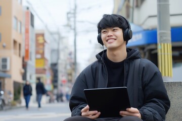 A young man wearing headphones and a black jacket is sitting on a bench with a tablet in his hand. He is smiling and he is enjoying his time