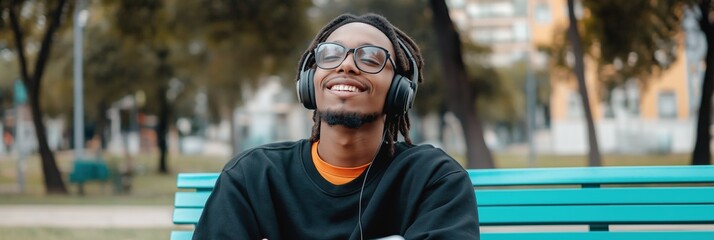 A man wearing headphones and glasses is sitting on a bench in a park. He is smiling and he is enjoying his music
