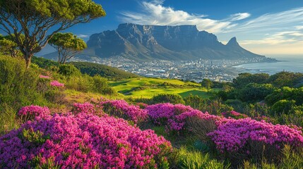 Table Mountain Cape Town Scenic View With Blossoms