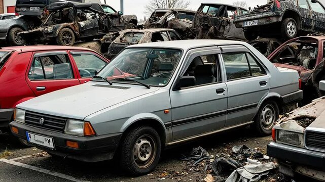 stacks of crushed cars in a junkyard