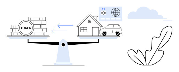 Set of tokens balanced with house, car, and connectivity icons using seesaw. Represents modern economy. Ideal for finance, investment, economics, digital currency, value exchange asset management