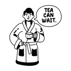 A glyph sticker of character holding cup with tea can wait typography 