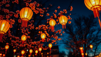 Obraz premium Rows of glowing lanterns illuminate the night sky, hanging gracefully among blooming cherry trees during spring.