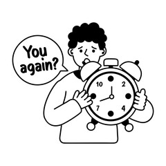 A glyph sticker of a character holding an alarm clock with you again typography 