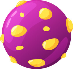 Cartoon style illustration of a purple planet with yellow craters, creating a vibrant and otherworldly scene, perfect for space themed projects